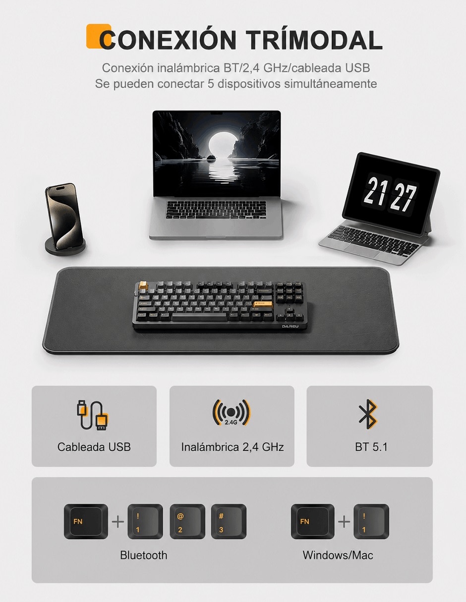 Teclado gamer Bluetooth ASERTY español con interruptor táctiles (Brown Clear) 4