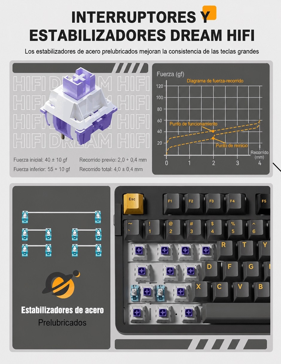 Teclado gamer Bluetooth ASERTY español con interruptor táctiles (Brown Clear) 5