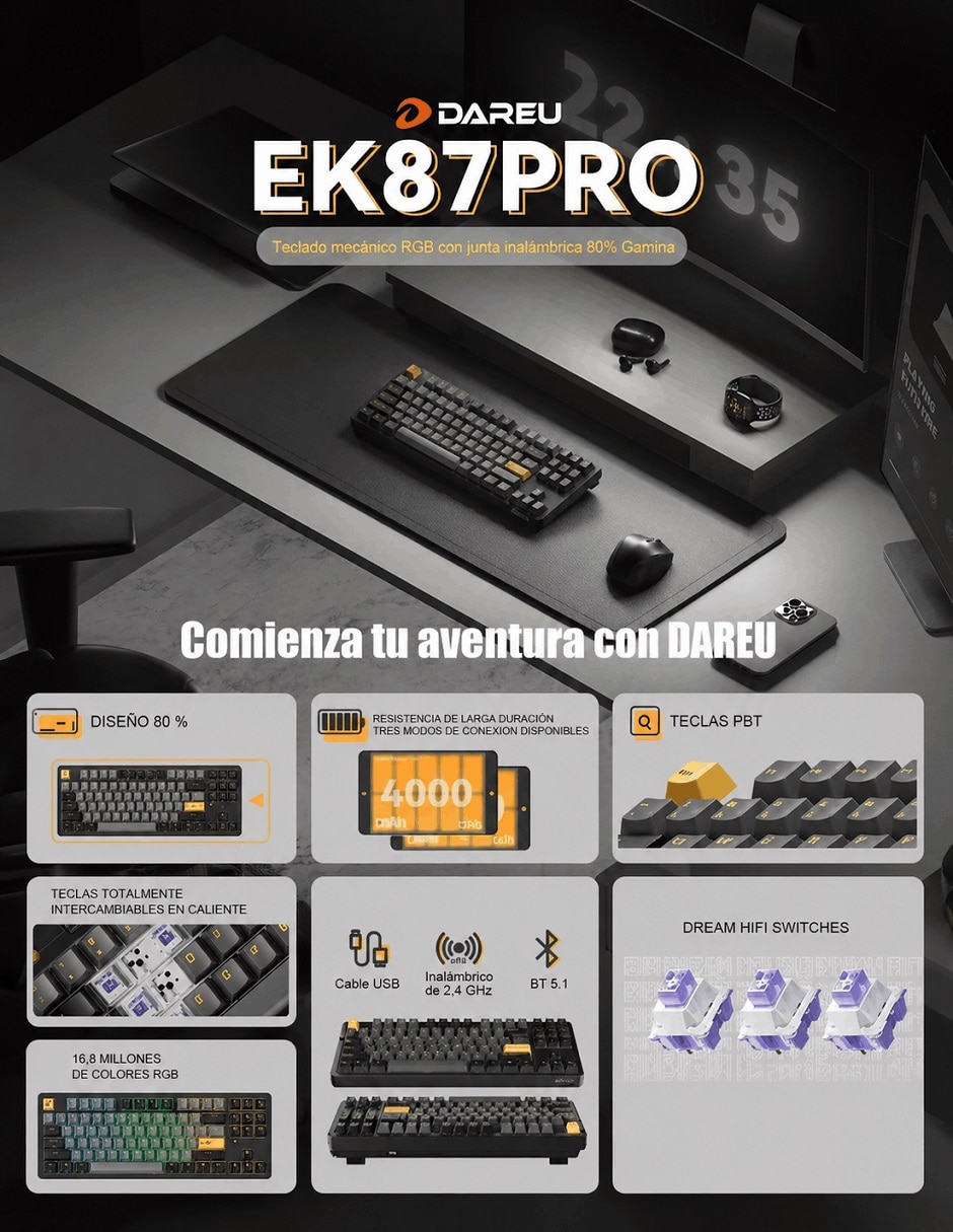 Teclado gamer Bluetooth ASERTY español con interruptor táctiles (Brown Clear) 7