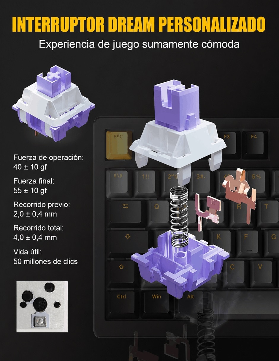 Teclado gamer Bluetooth retroiluminado español con interruptor táctiles (Brown Clear) 2