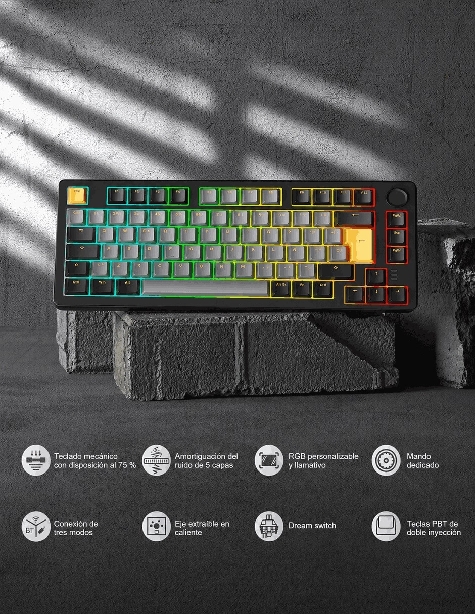 Teclado gamer Bluetooth retroiluminado español con interruptor táctiles (Brown Clear) 3