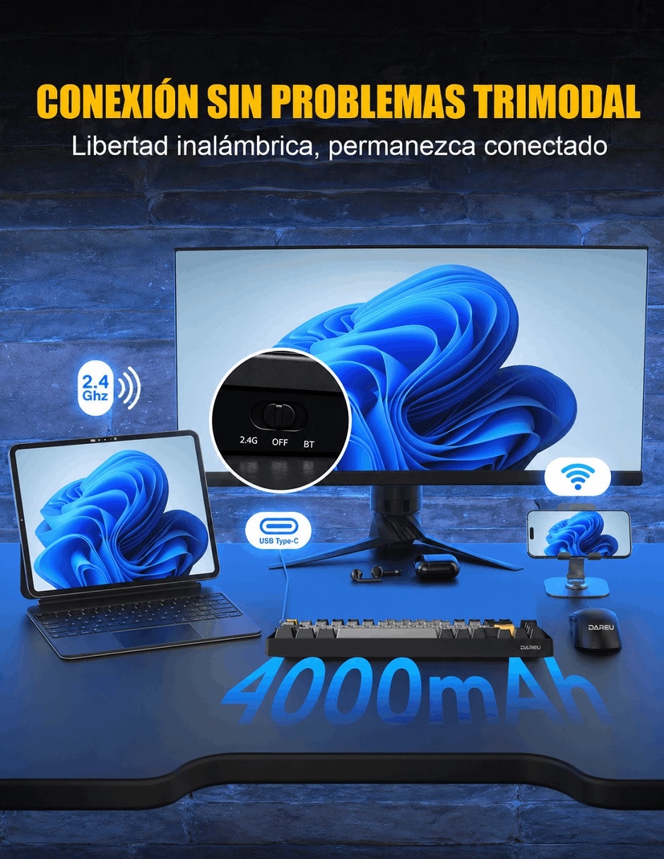 Teclado gamer Bluetooth retroiluminado español con interruptor táctiles (Brown Clear) 7