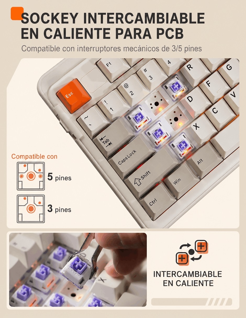 Teclado gamer Bluetooth ASERTY español con interruptor táctiles (Brown Clear)