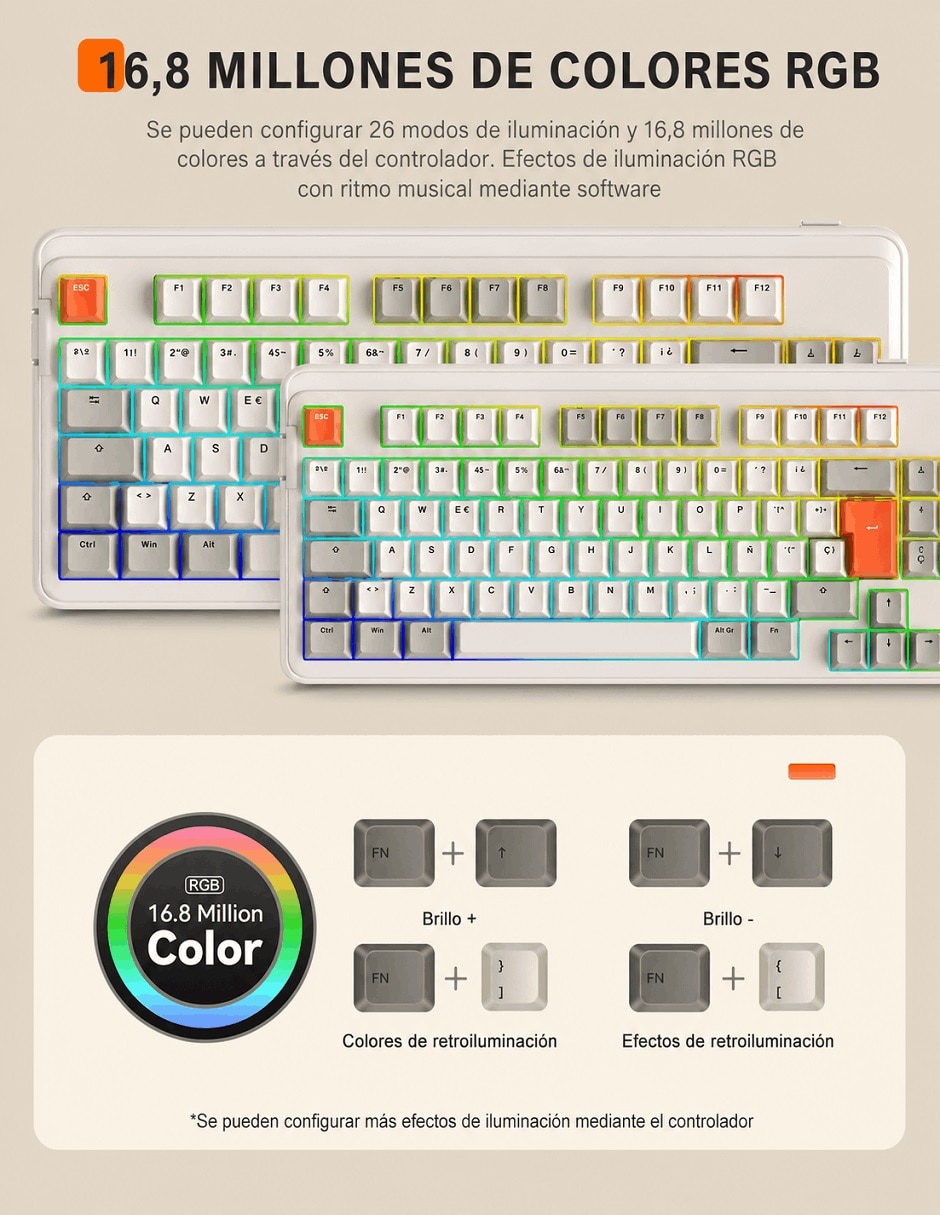 Teclado gamer Bluetooth ASERTY español con interruptor táctiles (Brown Clear)