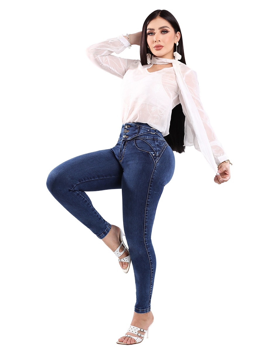 Jeans regular super skinny media cintura para mujer 2