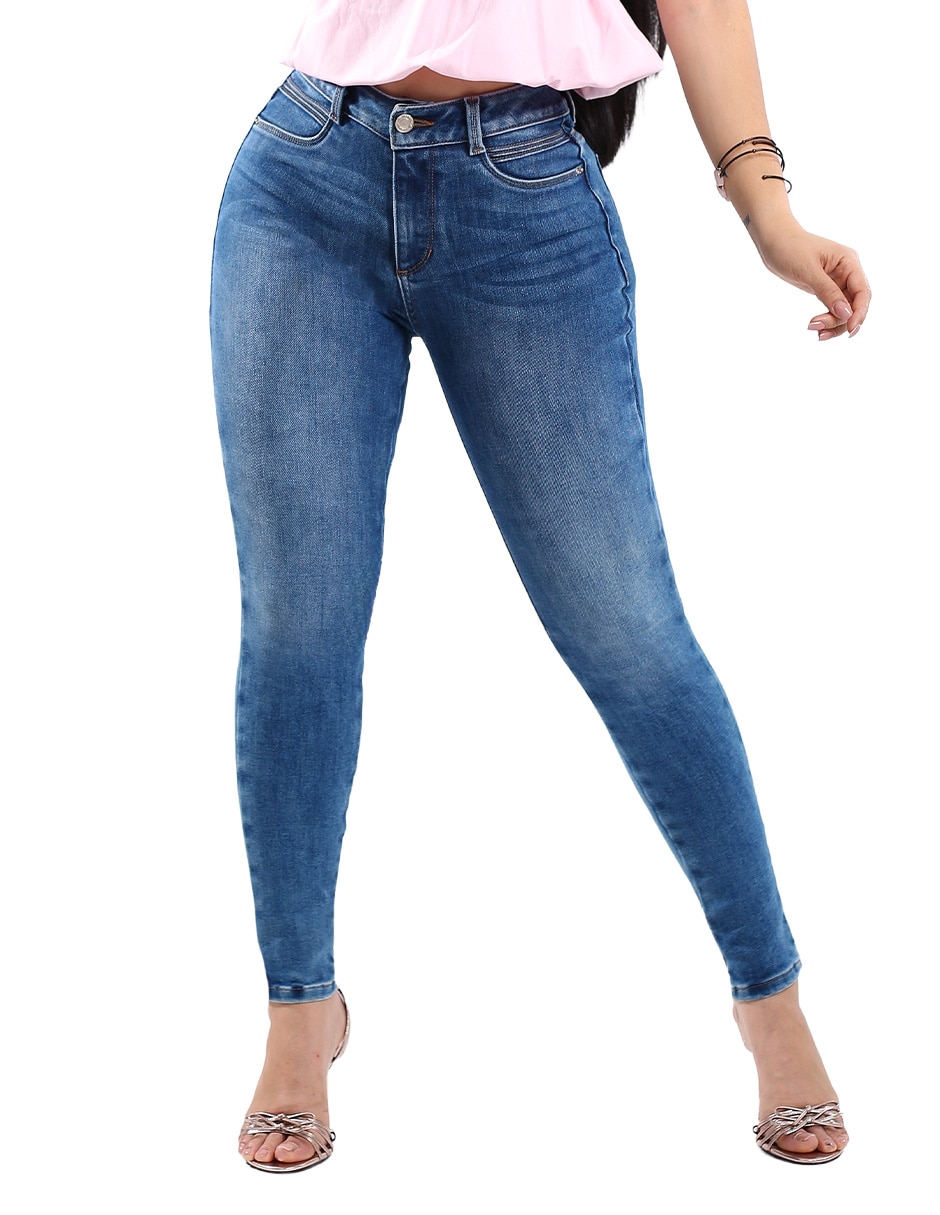 Jeans regular super skinny media cintura para mujer