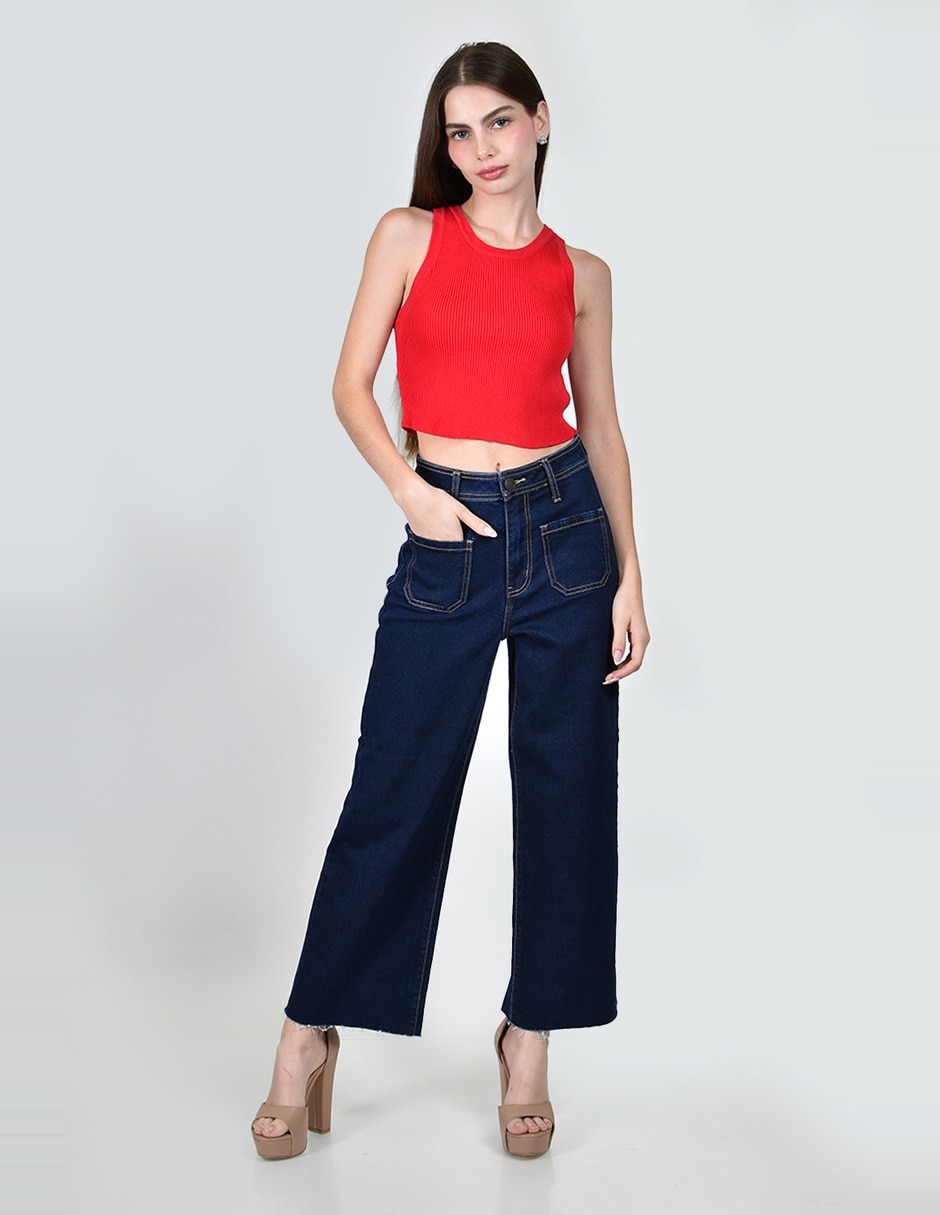 Jeans coulotte wide leg cintura alta roman fashion para mujer