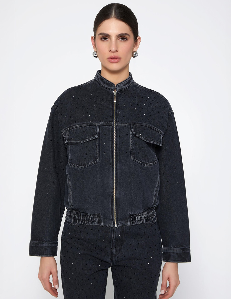 Chamarra bomber studio f black hot fix de algodón para mujer