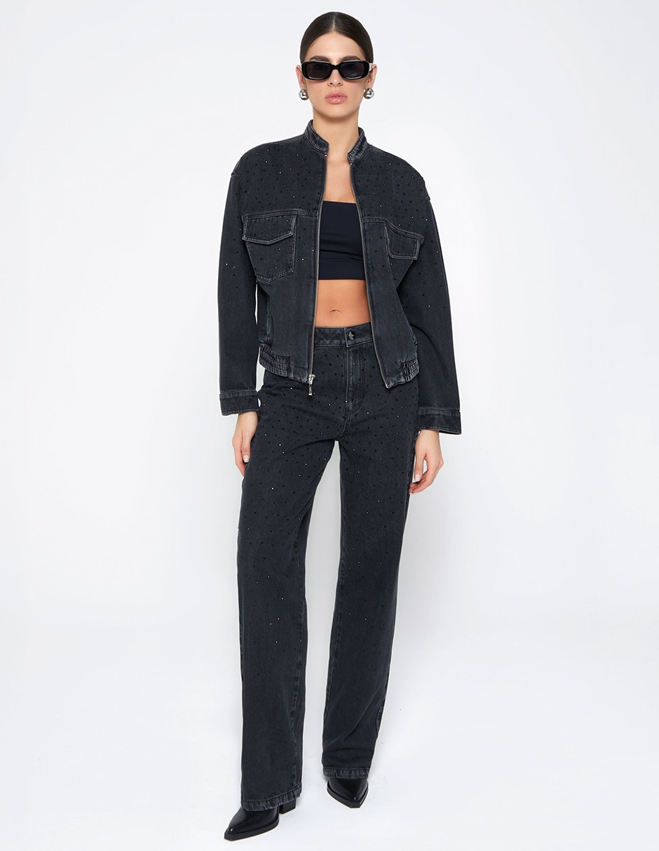 Chamarra bomber studio f black hot fix de algodón para mujer