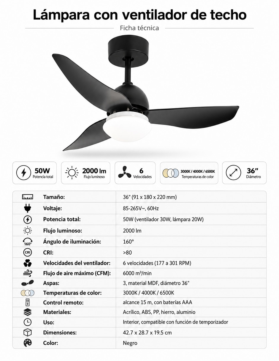 Ventilador de techo con control remoto 6 velocidades 5