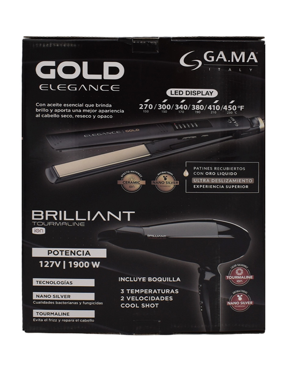 Set alaciadora Gama Italy Elegance Gold y Secadora Brilliant Tourmaline Ion placas de cerámica