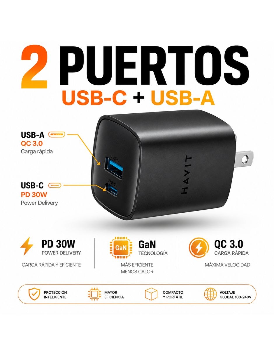 Cargador pared USB tipo A + USB tipo C 30 W 2