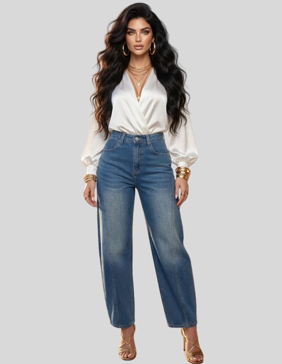 Pantalón regular eans barrel leg para mujer tiro alto mezclilla premium amplio para mujer 2