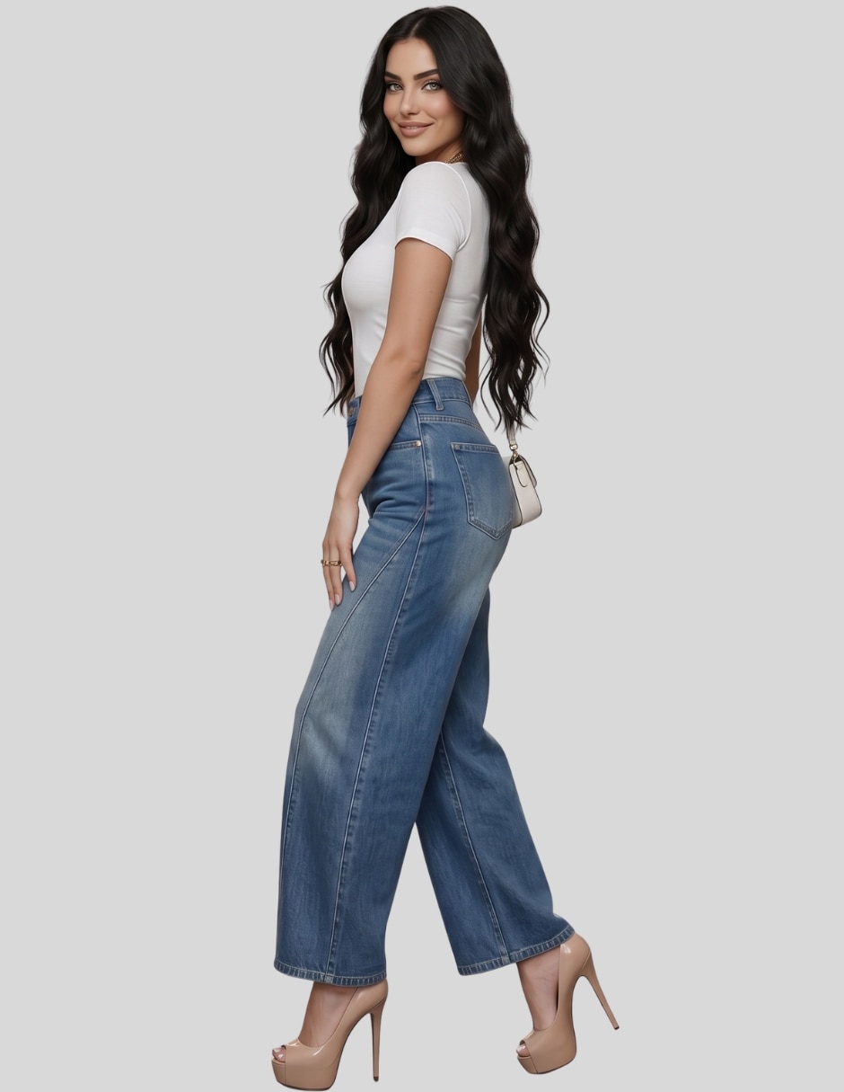 Pantalón regular eans barrel leg para mujer tiro alto mezclilla premium amplio para mujer 3