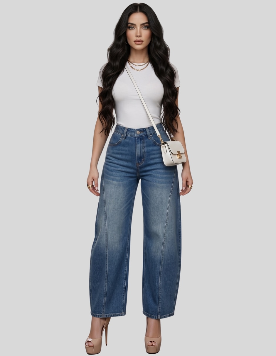 Pantalón regular eans barrel leg para mujer tiro alto mezclilla premium amplio para mujer 4