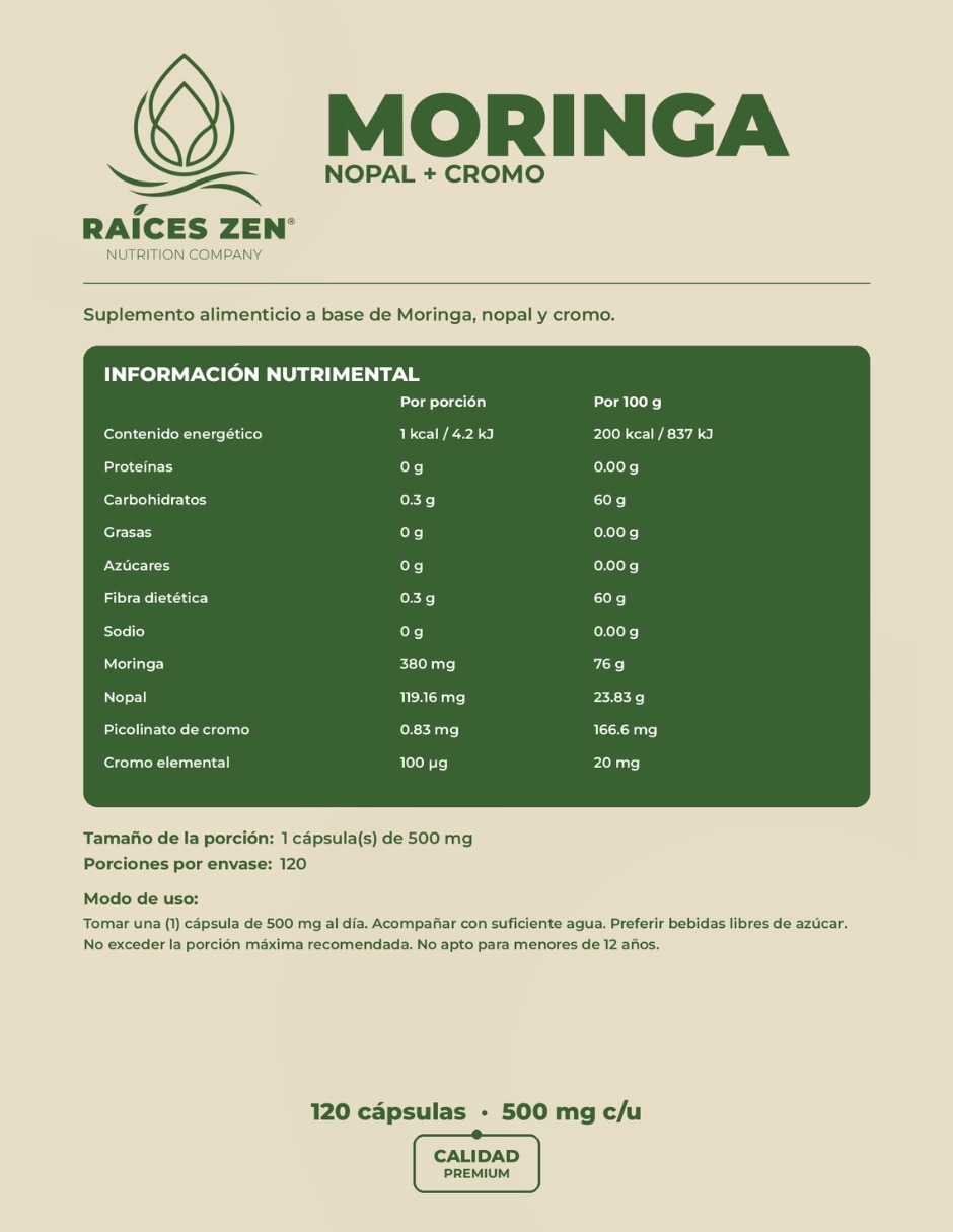 Suplementos alimenticios moringa nopal + cromo Raices Zen