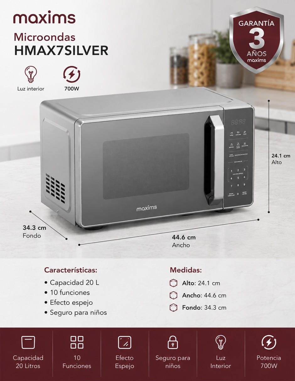 Horno de microondas convencional Maxims modelo 20L SILVER 3