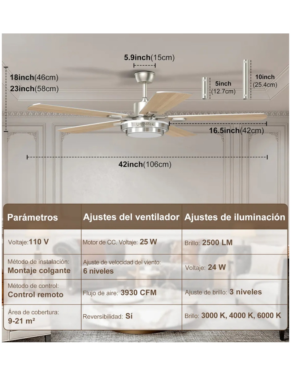 Ventilador de techo con control remoto 6 velocidades 5