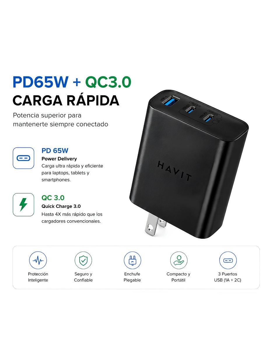 Cargador pared USB tipo A + USB tipo C 65 W 2