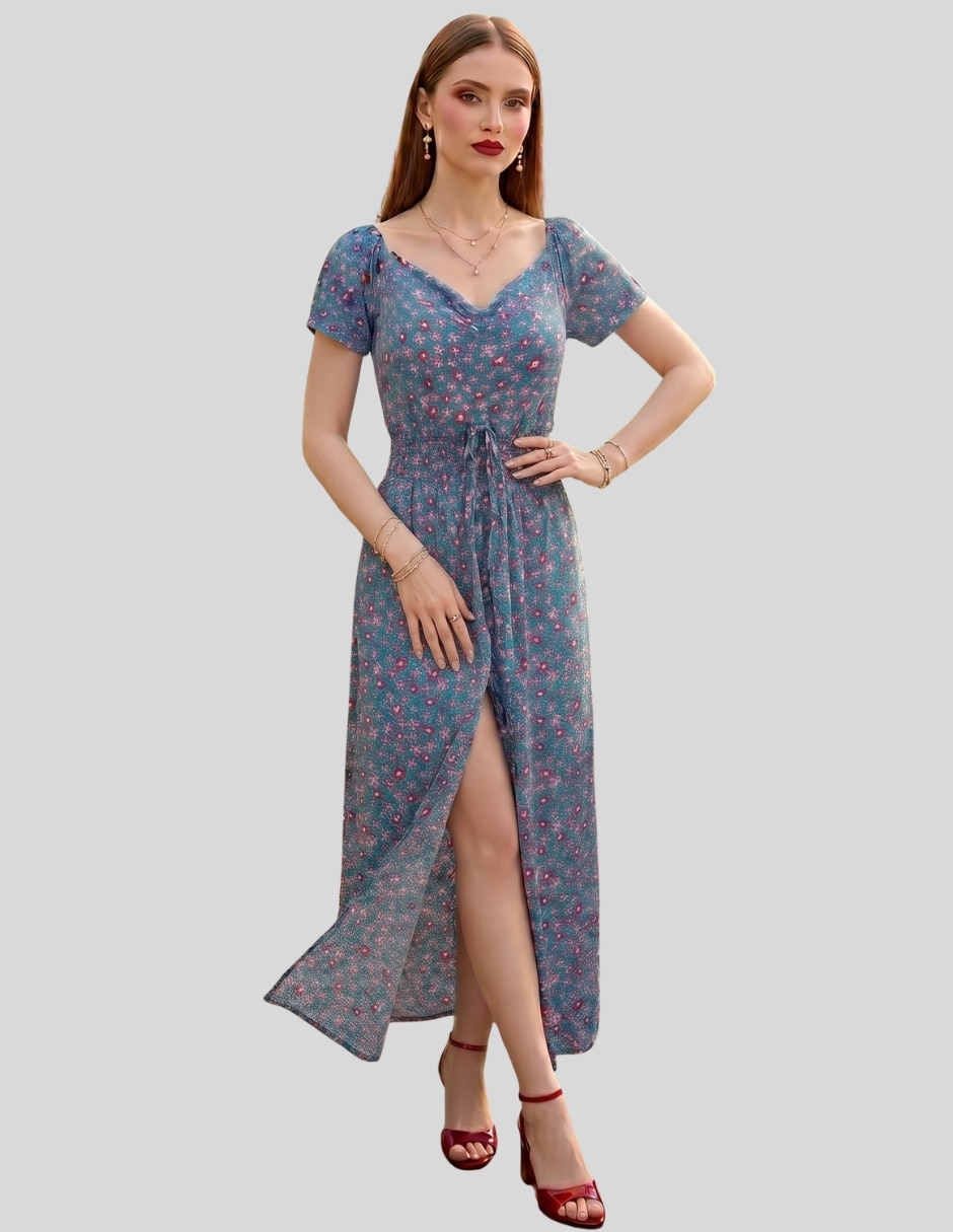 Vestido midi casual vestido midi floral mujer con short integrado | escote drapeado | cintura elástica unitalla para mujer Vestido midi casual vestido midi floral mujer con short integrado | escote drapeado | cintura elástica unitalla para mujer