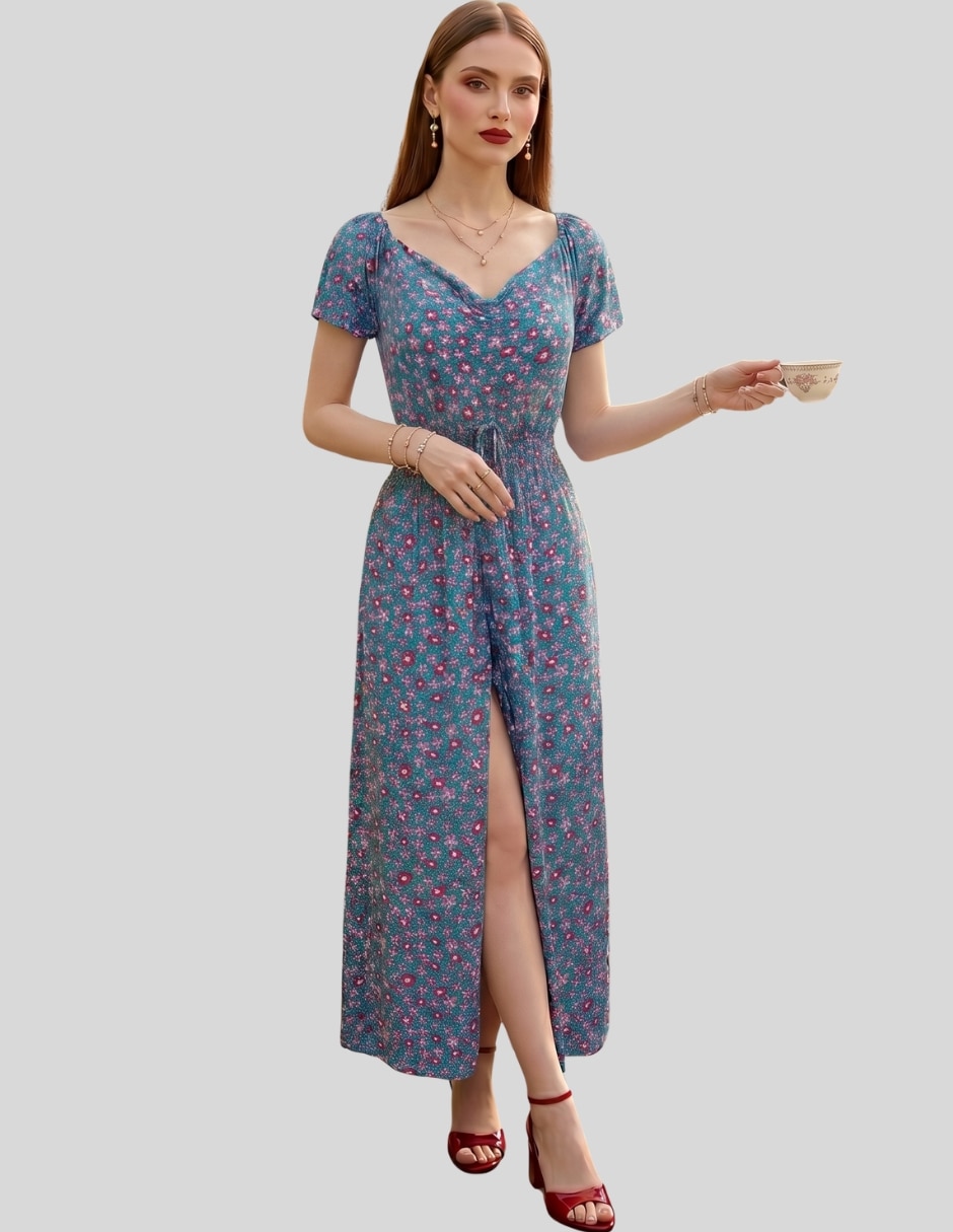 Vestido midi casual vestido midi floral mujer con short integrado | escote drapeado | cintura elástica unitalla para mujer 2