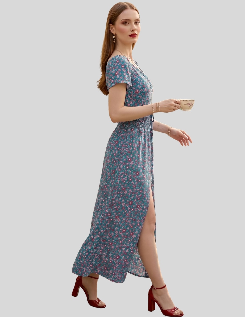 Vestido midi casual vestido midi floral mujer con short integrado | escote drapeado | cintura elástica unitalla para mujer 4