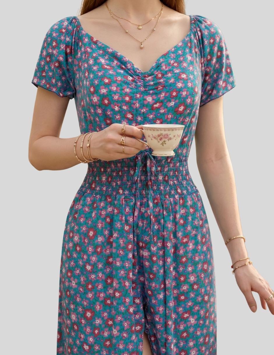 Vestido midi casual vestido midi floral mujer con short integrado | escote drapeado | cintura elástica unitalla para mujer 5