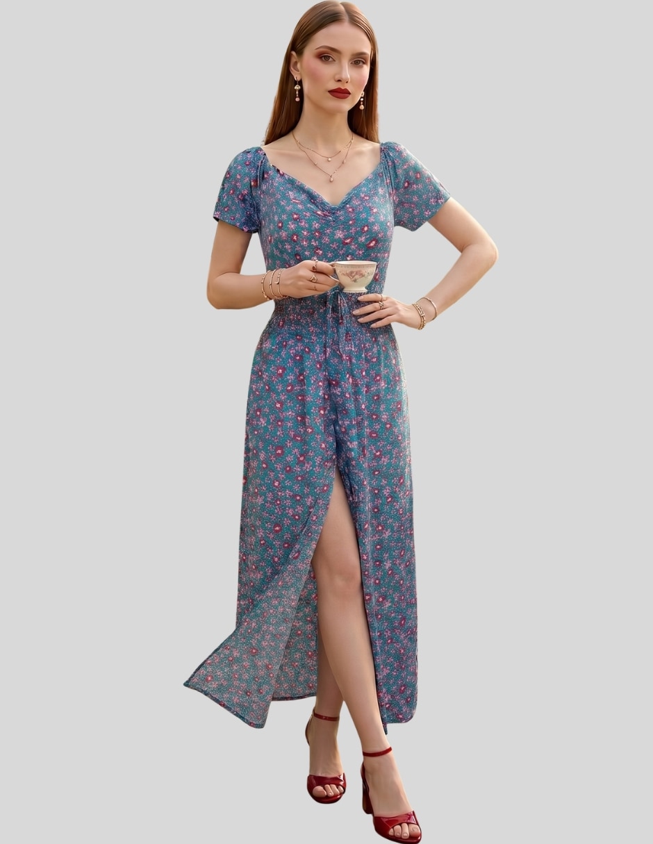 Vestido midi casual vestido midi floral mujer con short integrado | escote drapeado | cintura elástica unitalla para mujer 6