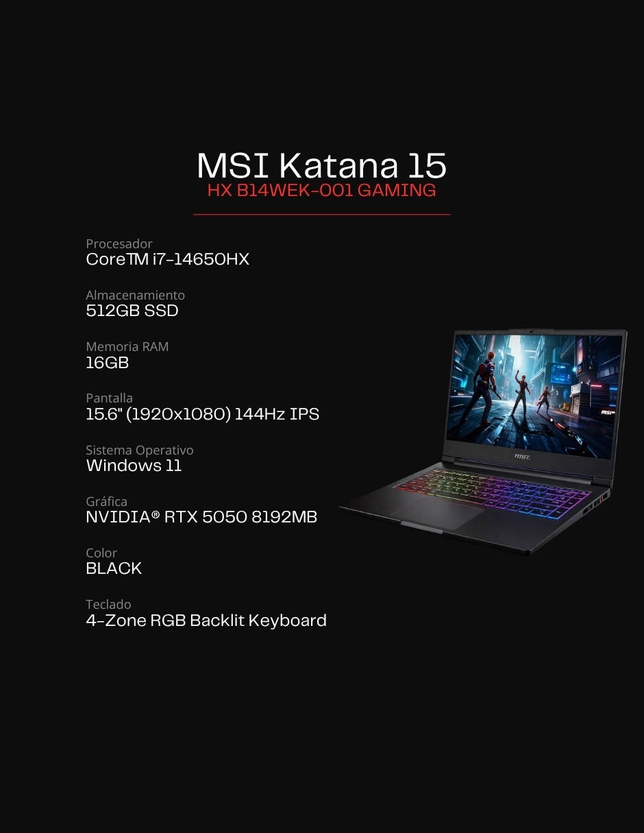 Laptop Katana 15 HX B14WEK-001US 15.6 pulgadas Full HD Intel Core i7 NVIDIA GeForce RTX 5050 16 GB RAM 512 GB SSD 3