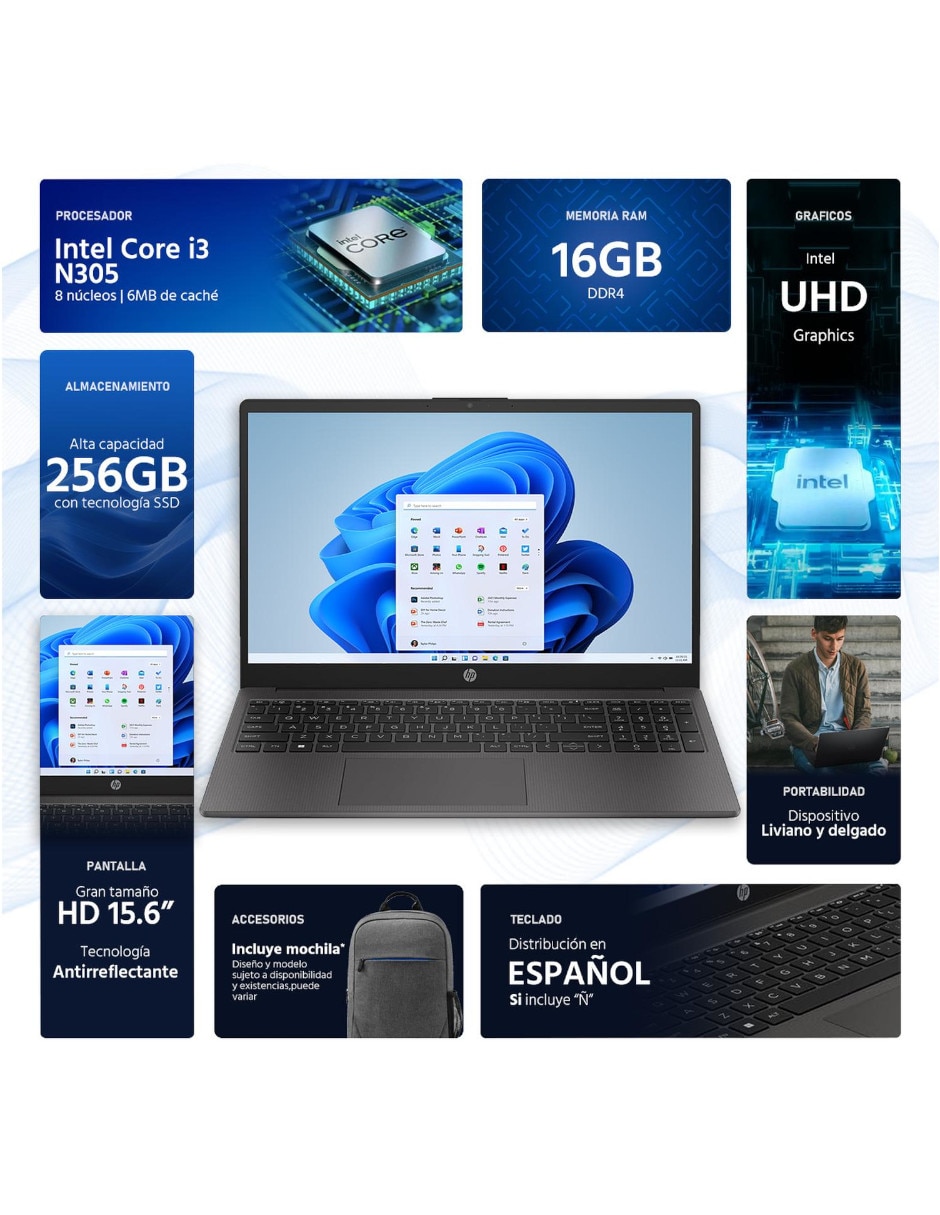 Laptop HP G10i316 B83U6AT-OB 15.6 pulgadas HD Intel Core i3 Intel UHD 16 GB RAM 256 GB SSD Reacondicionado