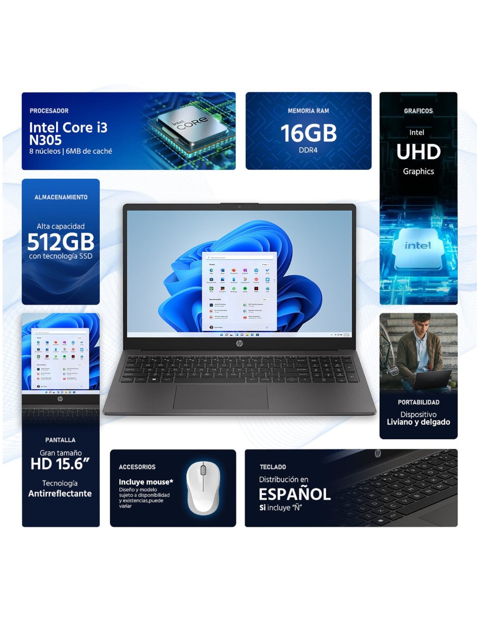 Laptop HP B83U6AT 250-Ci38512-OB 15.6 pulgadas HD Intel Core i3 Intel UHD 16 GB RAM 512 GB SSD Reacondicionado