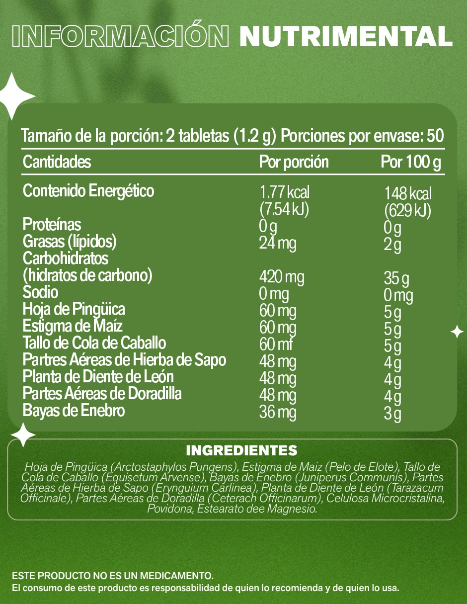 RN Rino Complex con Hoja de Pinguica, Estigma de Maíz, Cola de Caballo, Enebro, Diente de León y Doradilla de 100 tabletas 2