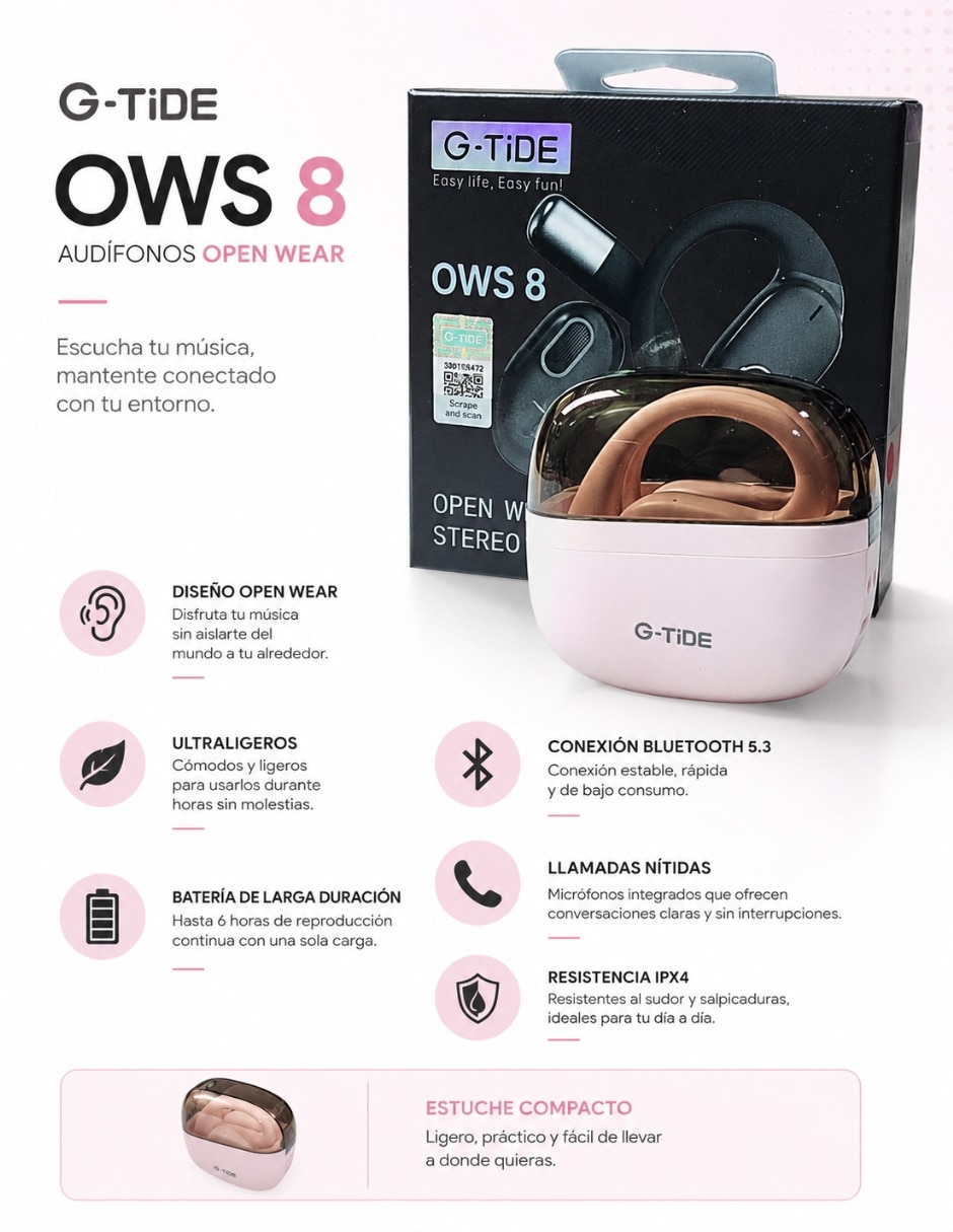 Bocina portátil sound pocket con filwans gts mini dorada y G-Tide OWS8 Bluetooth 10