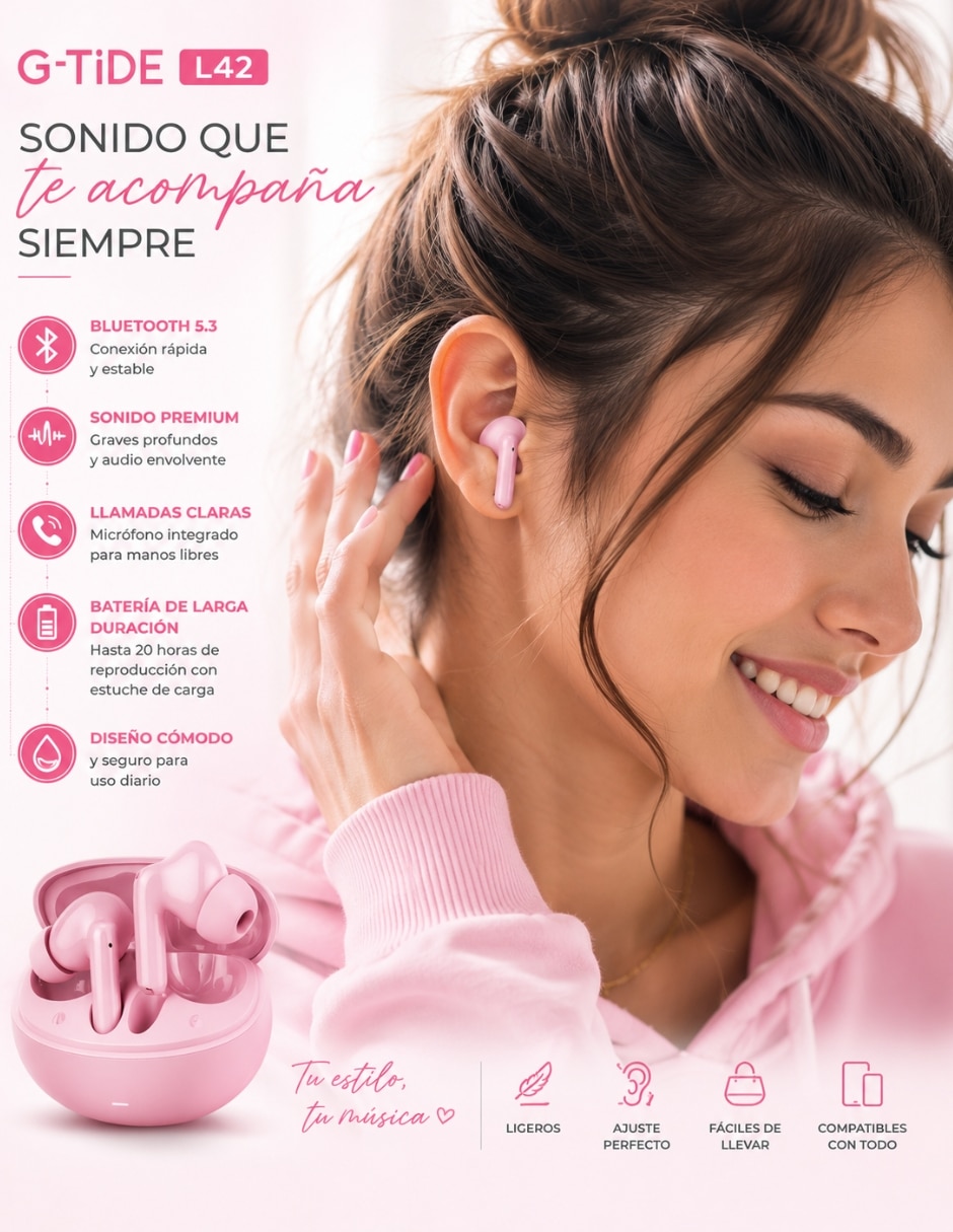 Audífonos True Wireless G-Tide L42 con Smartwatch FM13 rosa y bocina Sanag X6S Inalámbrico con cancelación de ruido