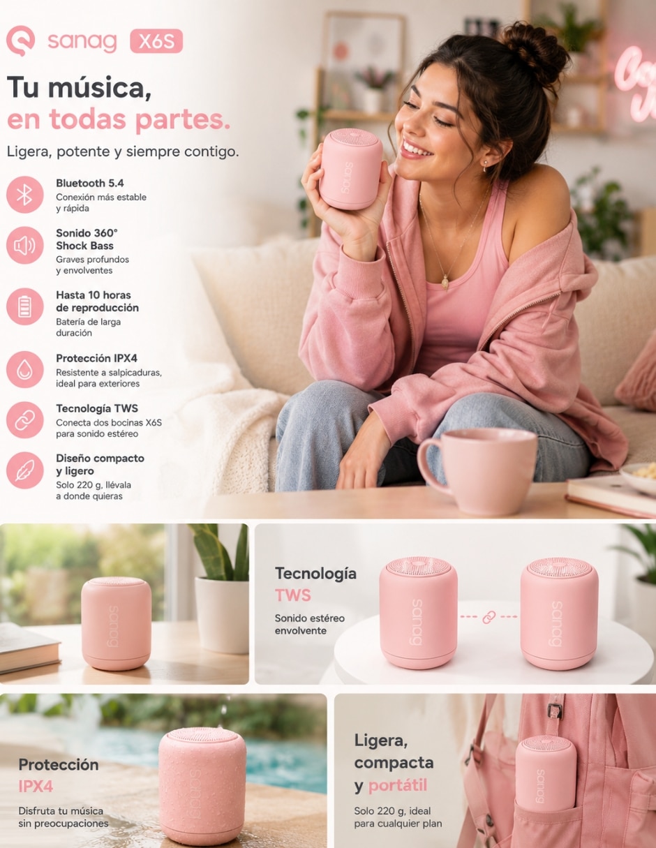 Audífonos True Wireless G-Tide L42 con Smartwatch FM13 rosa y bocina Sanag X6S Inalámbrico con cancelación de ruido