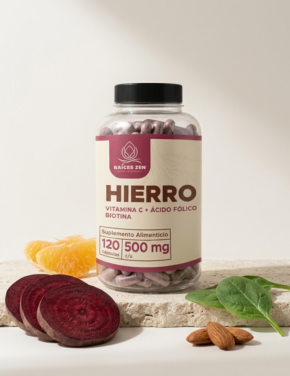 Hierro vitamina C + Ácido Fólico y Biotina Raíces Zen 120 Cápsulas