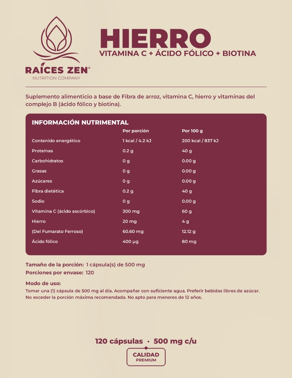 Hierro vitamina C + Ácido Fólico y Biotina Raíces Zen 120 Cápsulas