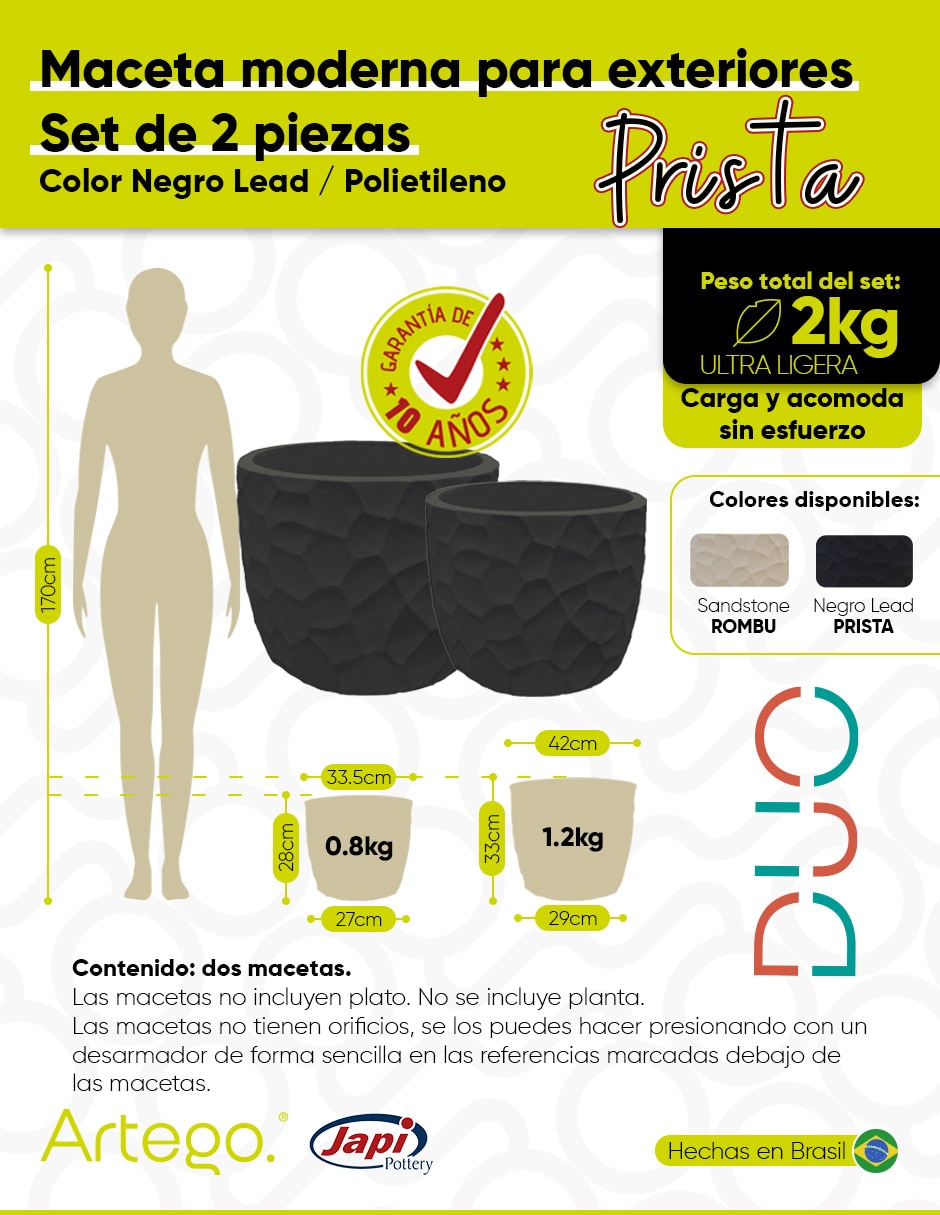 Set maceta Prista negro lead ultra ligera de Polietileno 7