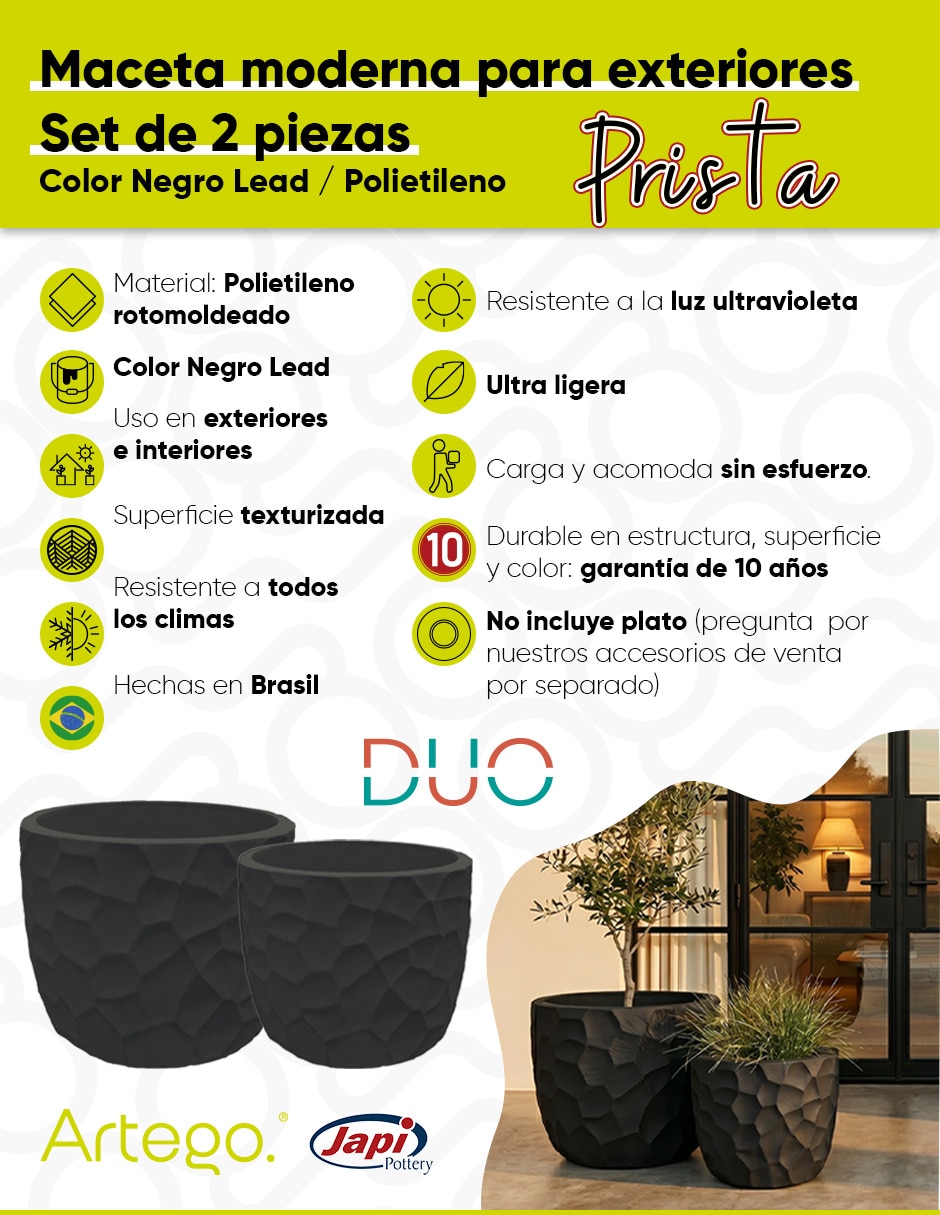 Set maceta Prista negro lead ultra ligera de Polietileno 5