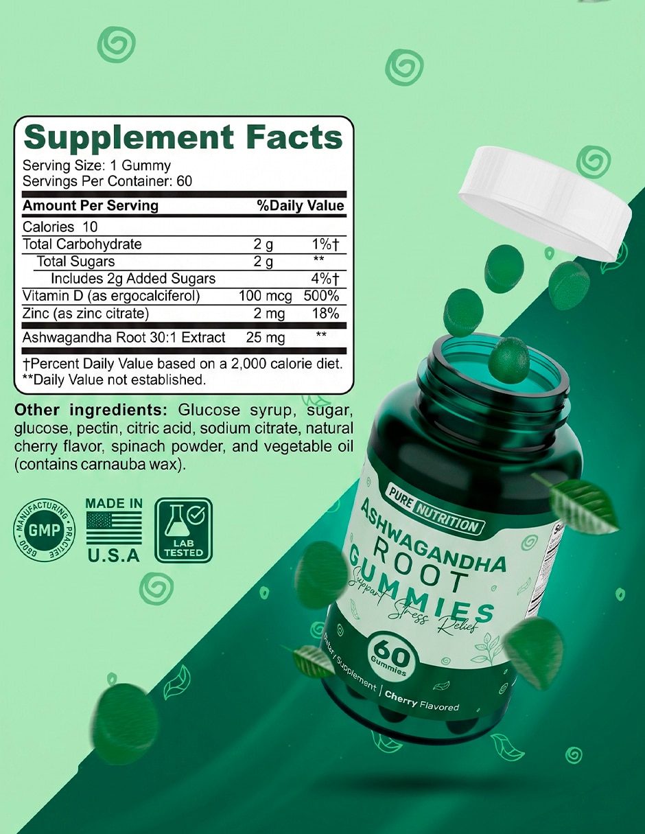 Ashwagandha Root Gummies Pure Nutrition con Ashwagandha sabor cereza de 60 gomitas 2