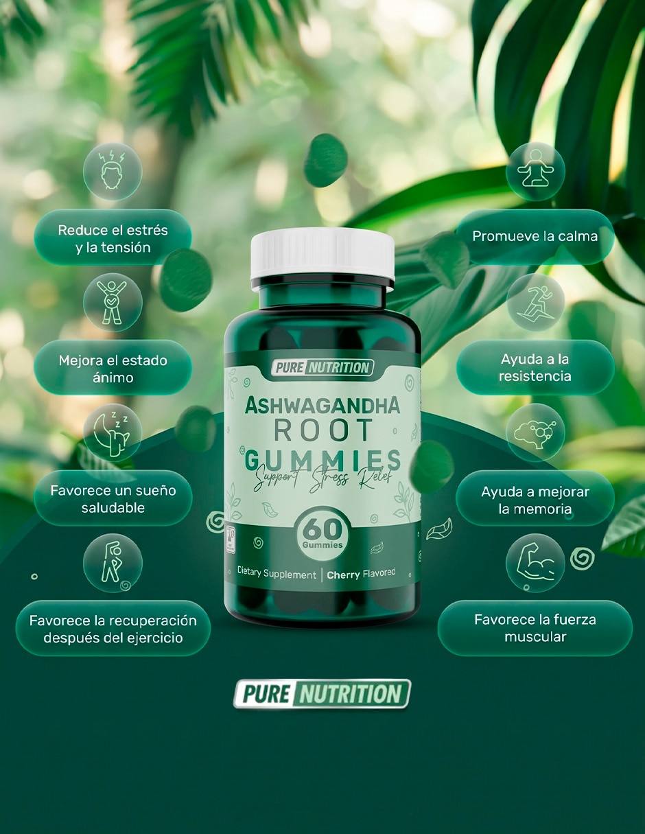 Ashwagandha Root Gummies Pure Nutrition con Ashwagandha sabor cereza de 60 gomitas 4