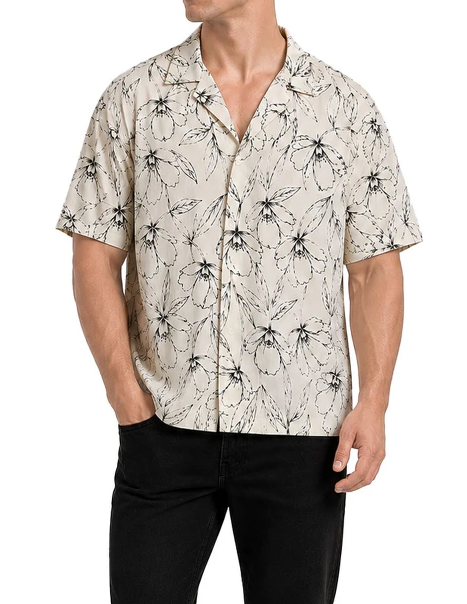 Camisa casual resort monochrome hibiscus de algodón manga corta para hombre Camisa casual resort monochrome hibiscus de algodón manga corta para hombre