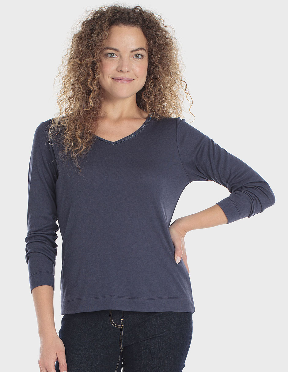 Playera manga 3/4 cuello V para mujer