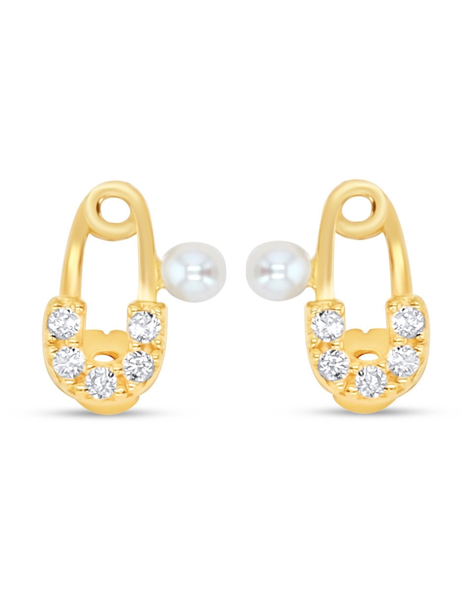 Broqueles de seguro de oro amarillo 10 k con acabado brillante perla con zirconia Broqueles de seguro de oro amarillo 10 k con acabado brillante perla con zirconia