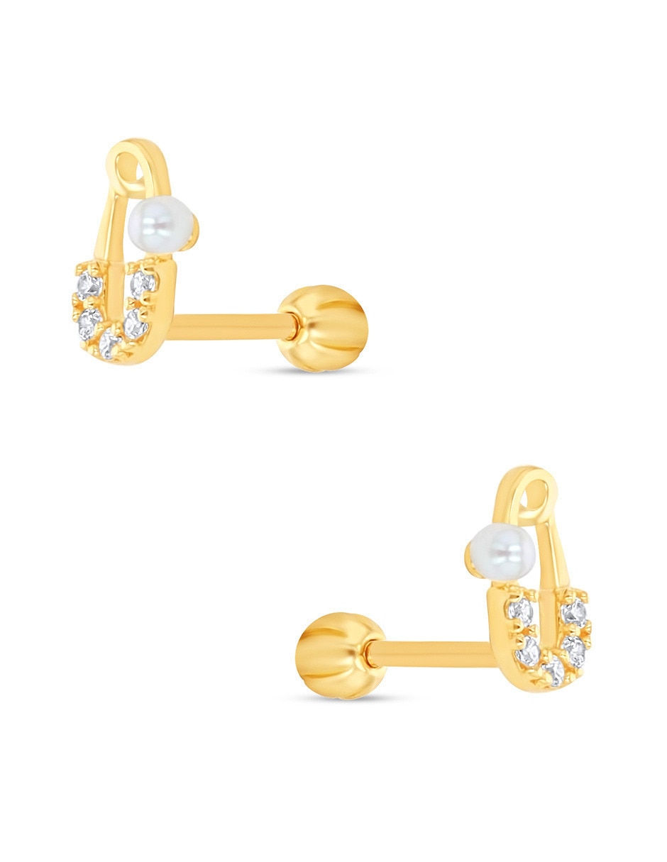 Broqueles de seguro de oro amarillo 10 k con acabado brillante perla con zirconia 2