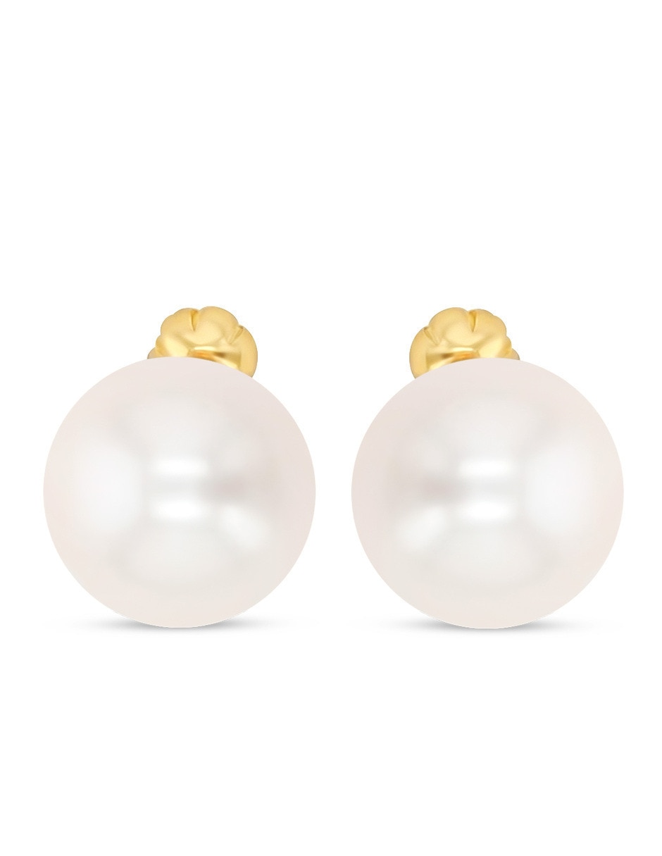 Broqueles de perla de oro amarillo 14 k con acabado brillante perla Broqueles de perla de oro amarillo 14 k con acabado brillante perla
