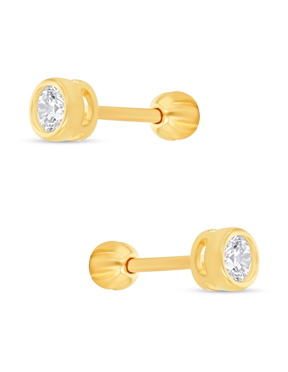 Broqueles redondos de oro amarillo 14 k con acabado brillante zirconia 2