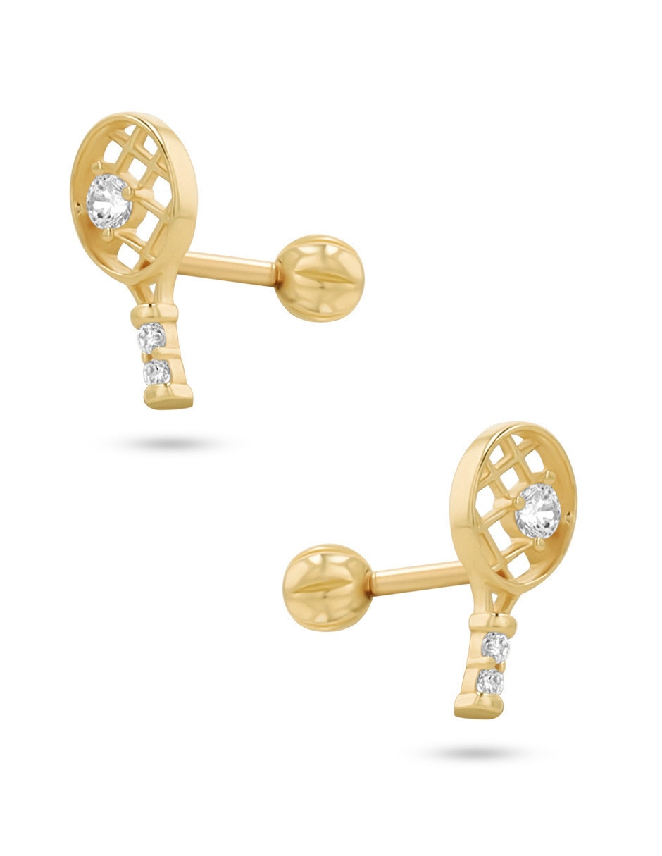 Broqueles de raqueta de oro amarillo 10 k con acabado brillante zirconia 2