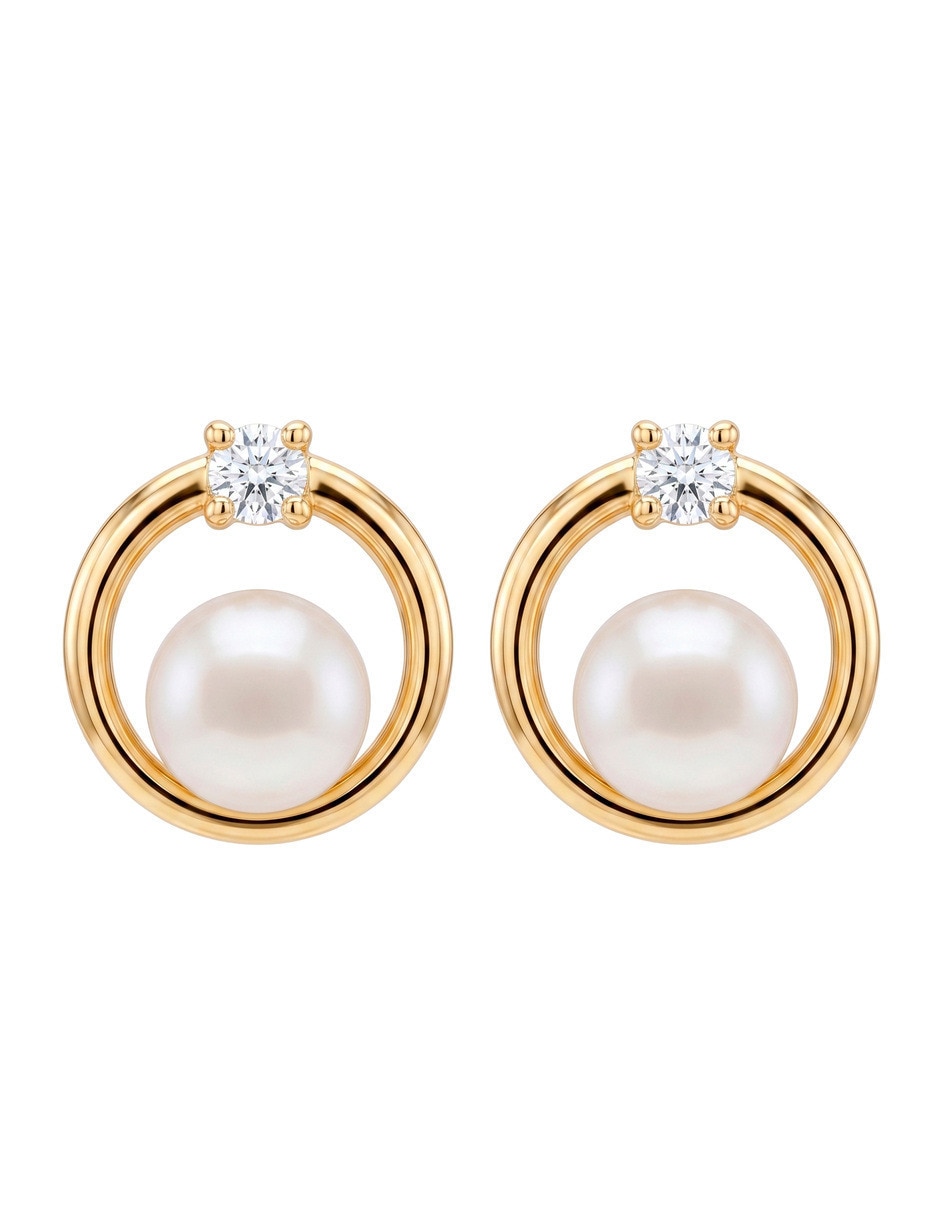 Broqueles circulares de oro amarillo 10 k con acabado brillante perla con zirconia Broqueles circulares de oro amarillo 10 k con acabado brillante perla con zirconia
