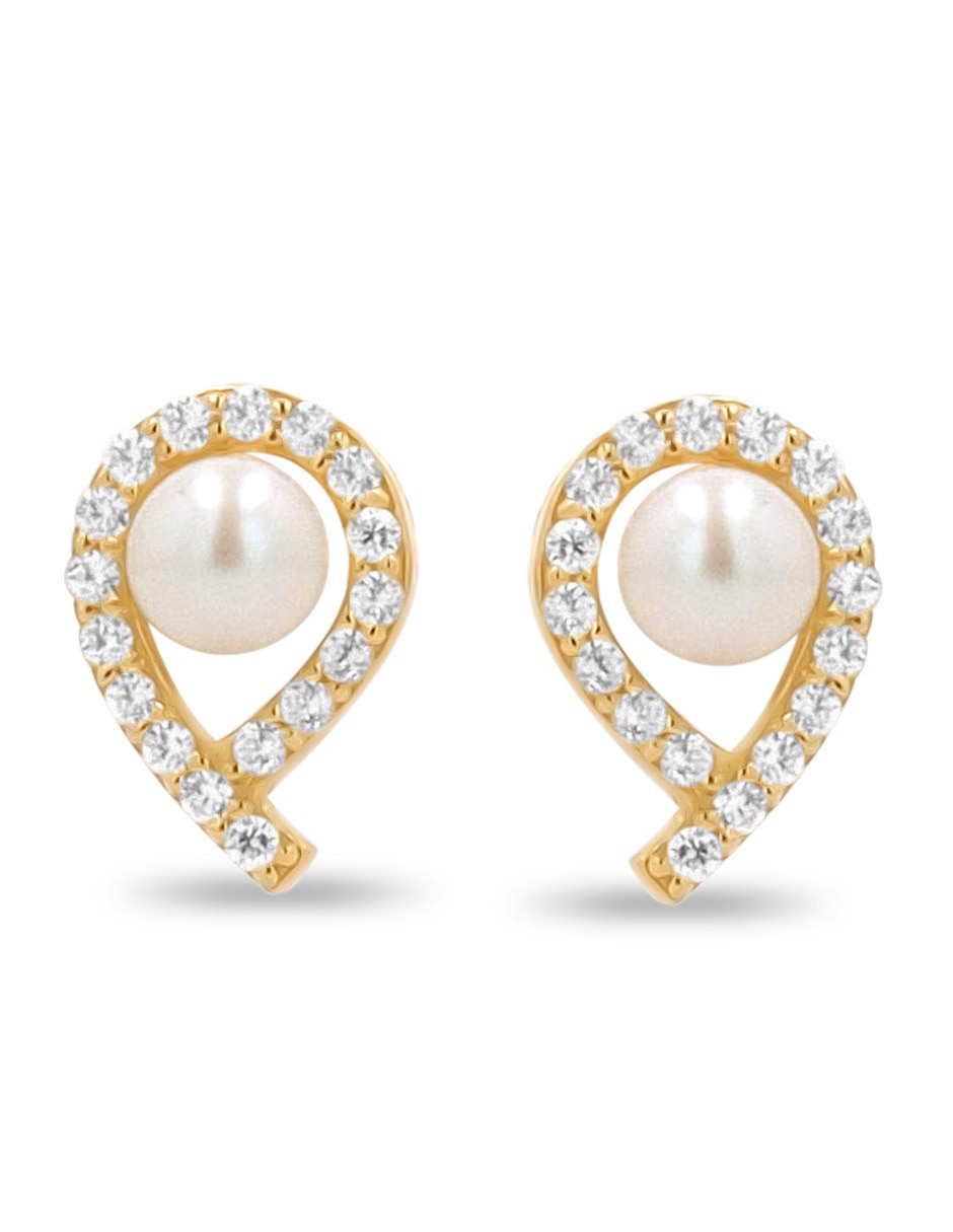 Broqueles de oro amarillo 10 k con acabado brillante perla con zirconia Broqueles de oro amarillo 10 k con acabado brillante perla con zirconia